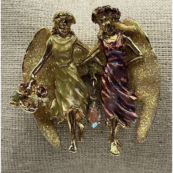 Kirks Folly Two Angel Soul Mate Twin Sister Friends Dancing Gold Tone Pin Brooch - Picture 1 of 9